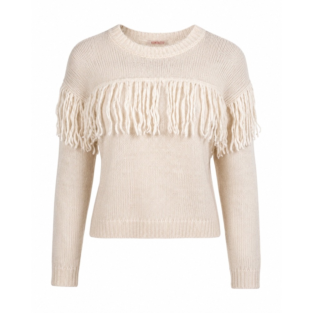 Kontatto Fringe Mohair Blend Sweater OS Cream Italian Knit Boho Western Pullover